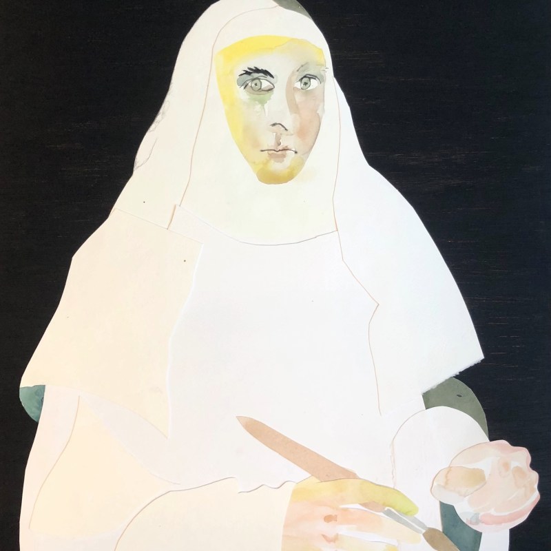A portrait artwork by Alys Scott-Hawkins, showing a nun in white robes, made from cut paper and watercolour paint, on a black background She looks directly at the viewer and holds a paintbrush.